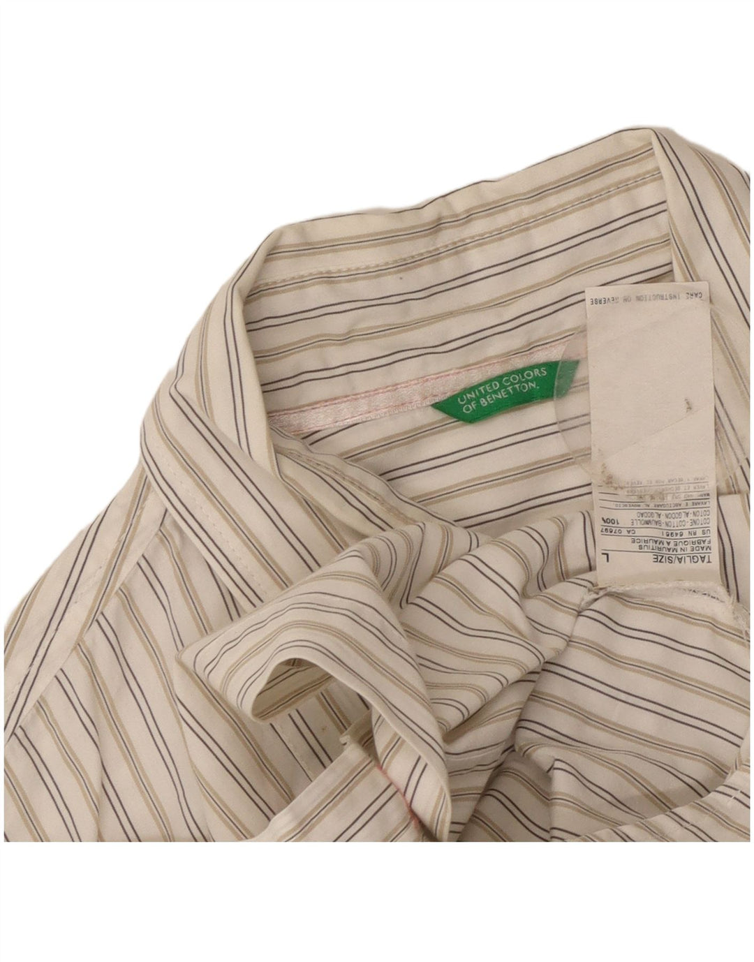 Camisa feminina Benetton UK 14 grande algodão listrado branco