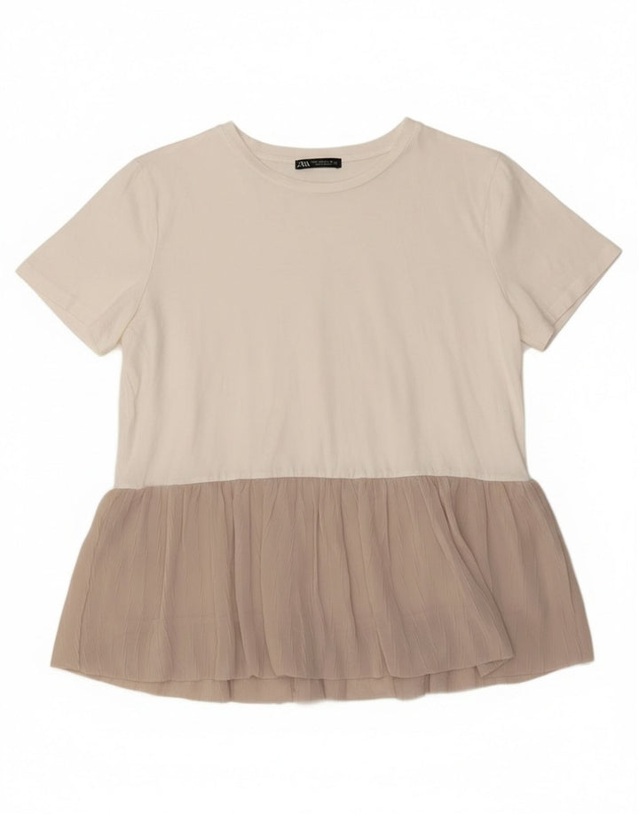 Blusa feminina ZARA UK 14 bloco colorido branco médio