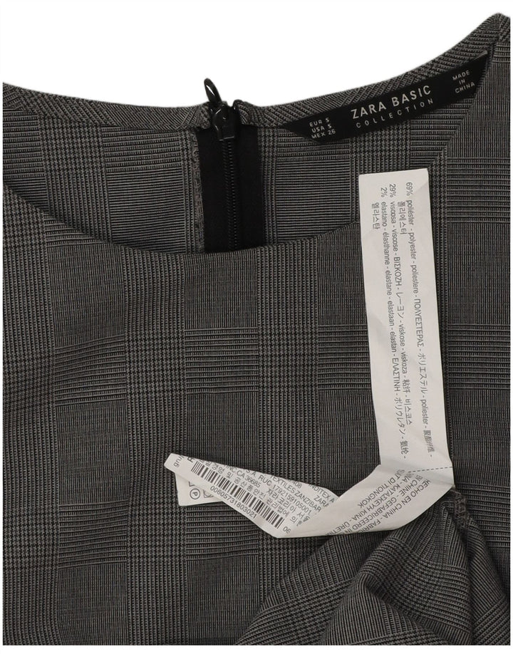 Vestido bainha feminino Zara manga 3/4 Reino Unido 10 pequeno cinza houndstooth poliéster