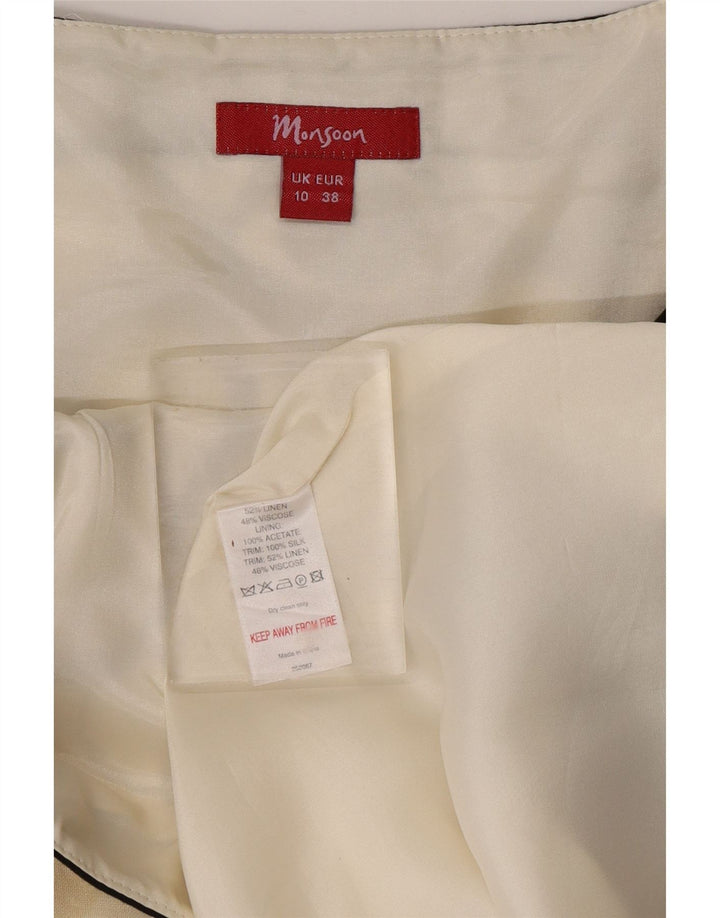 Vestido feminino MONSOON sem mangas evasê UK 10 pequeno linho geométrico preto