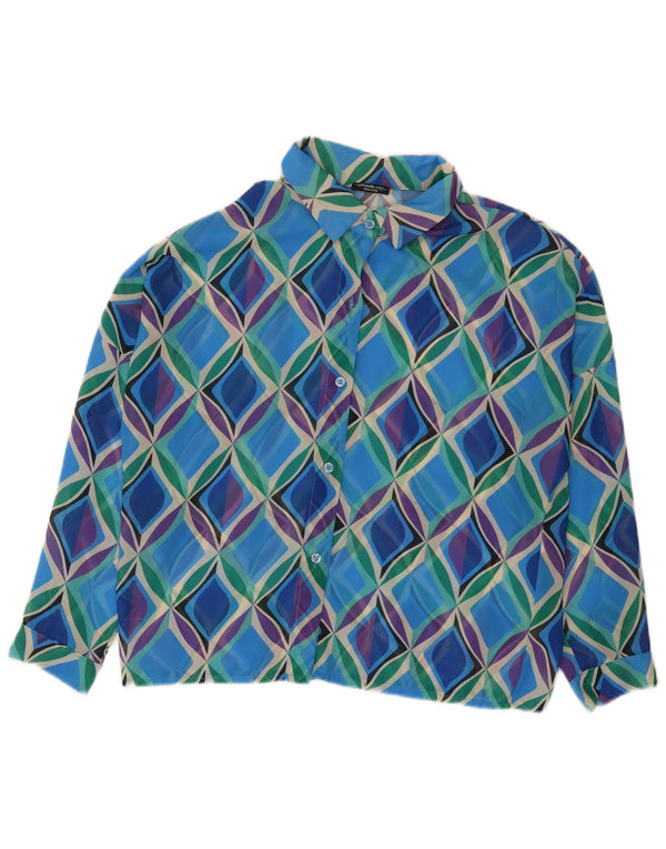 Blusa feminina vintage manga 3/4 Reino Unido 16 poliéster geométrico azul grande