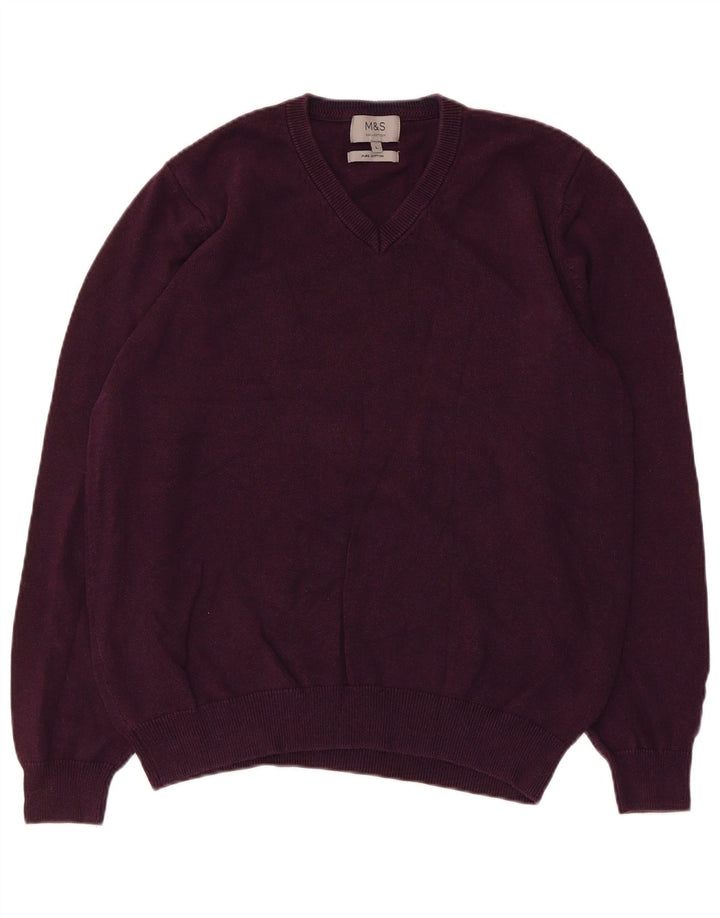 Suéter masculino Marks & Spencer com decote em V grande algodão roxo