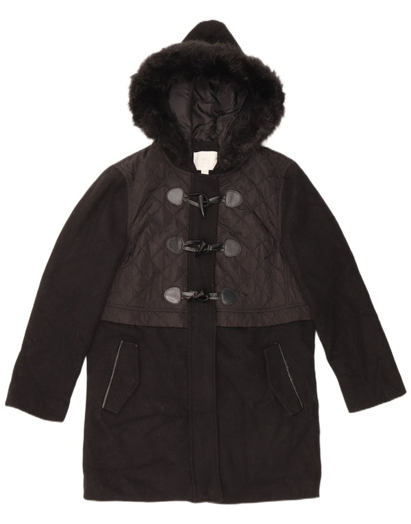 Casaco Duffle feminino com capuz Marks & Spencer Reino Unido 10 pequeno lã preta