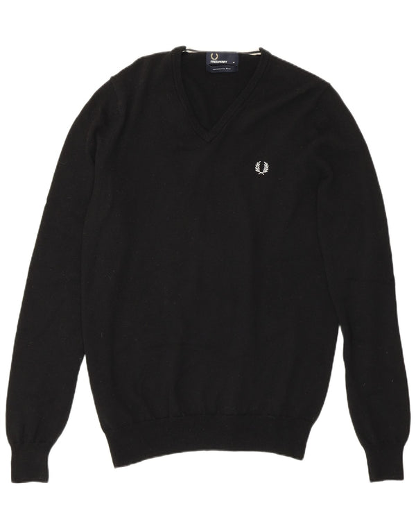 Suéter masculino Fred Perry com decote em V, lã merino preta média