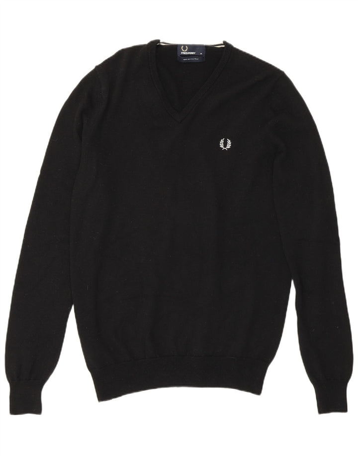 Suéter masculino Fred Perry com decote em V, lã merino preta média
