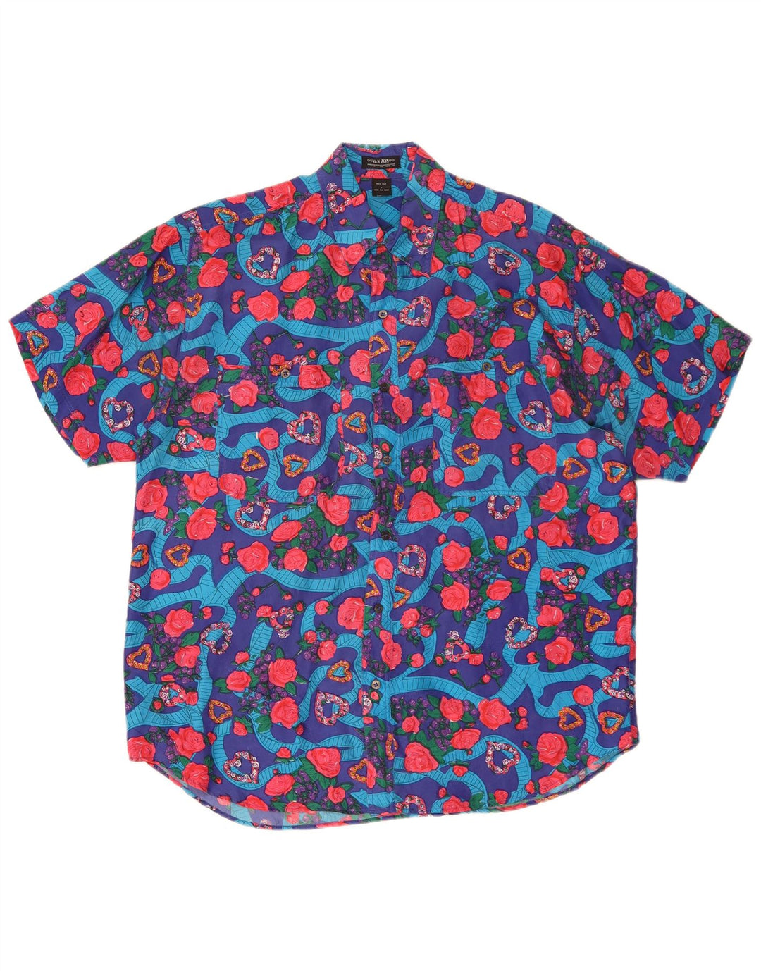 Van Zon Camisa masculina de manga curta grande seda floral azul