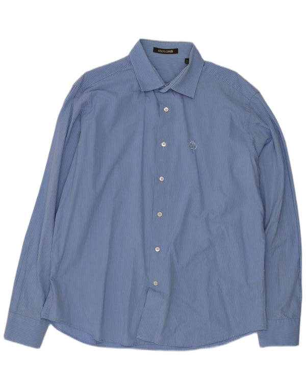 Camisa masculina Roberto Cavalli tamanho 44 17 1/2 XL algodão listrado azul