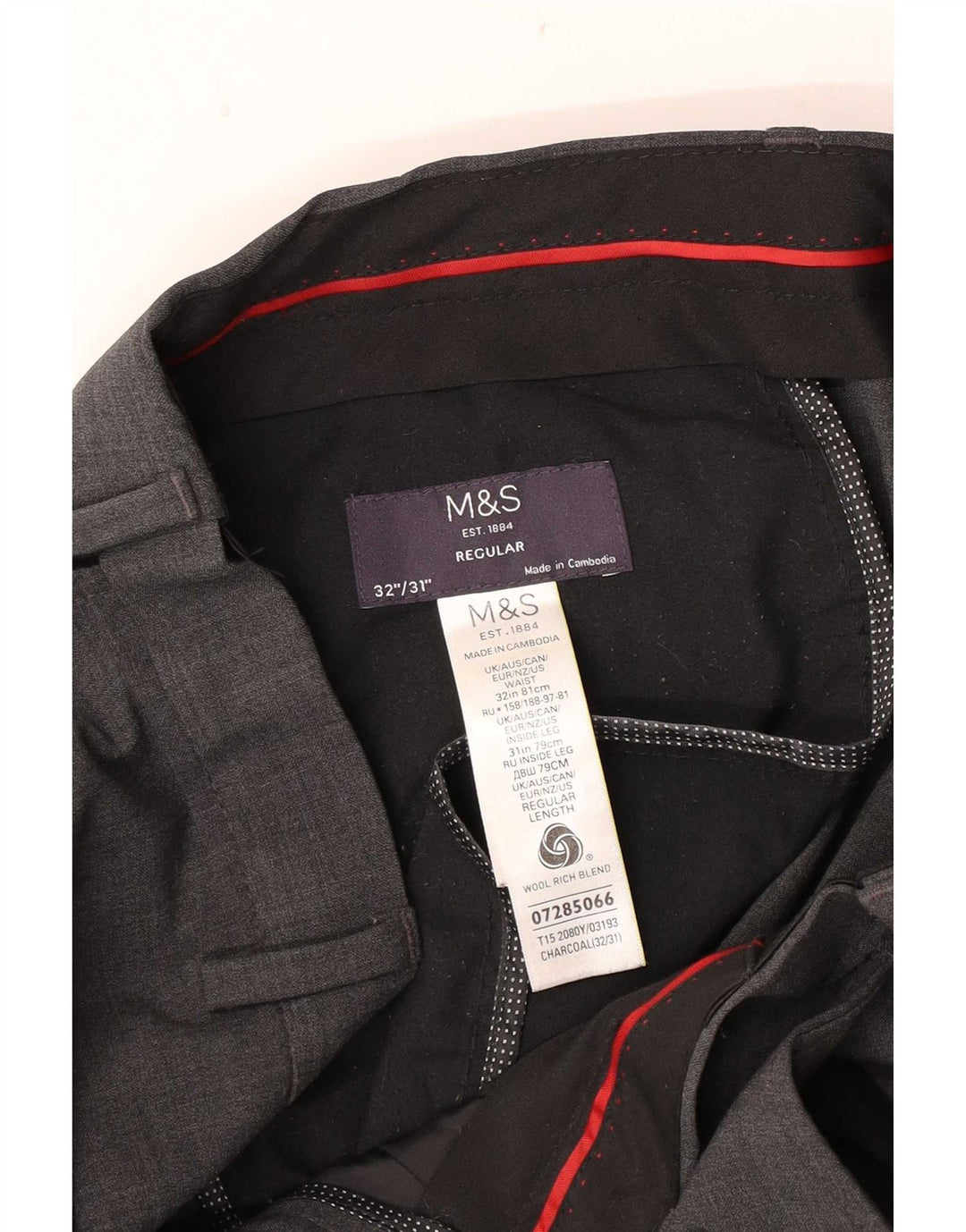 Calça masculina de terno reto Marks & Spencer W32 L31 lã cinza