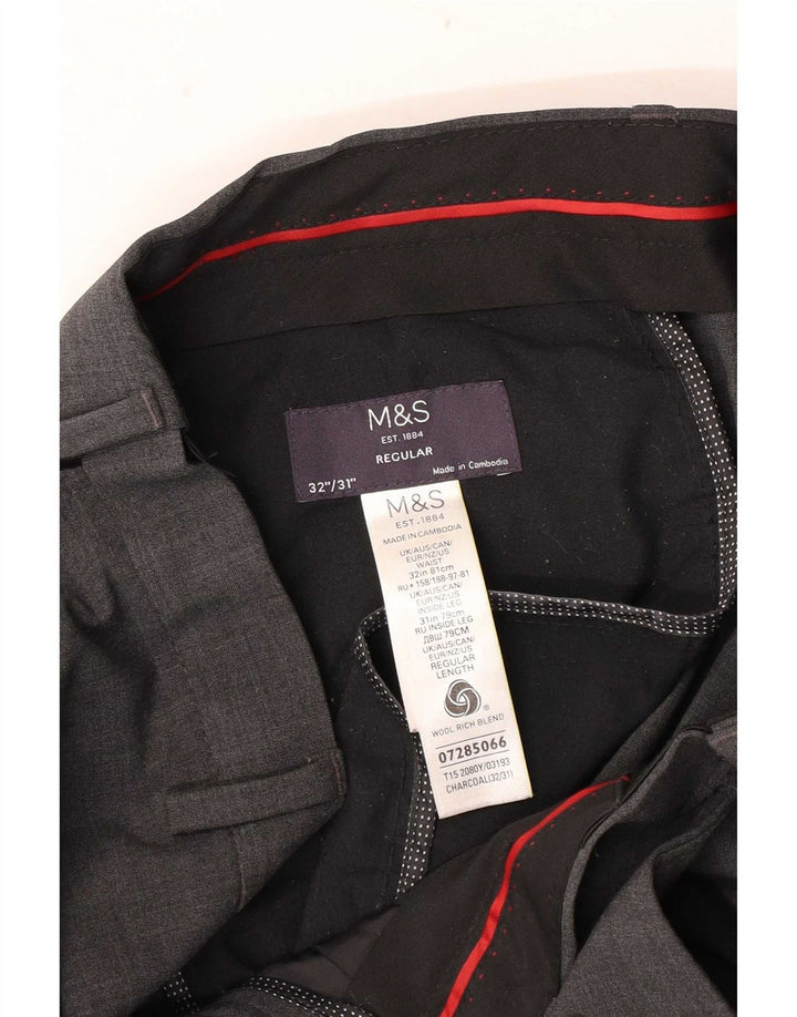 Calça masculina de terno reto Marks & Spencer W32 L31 lã cinza
