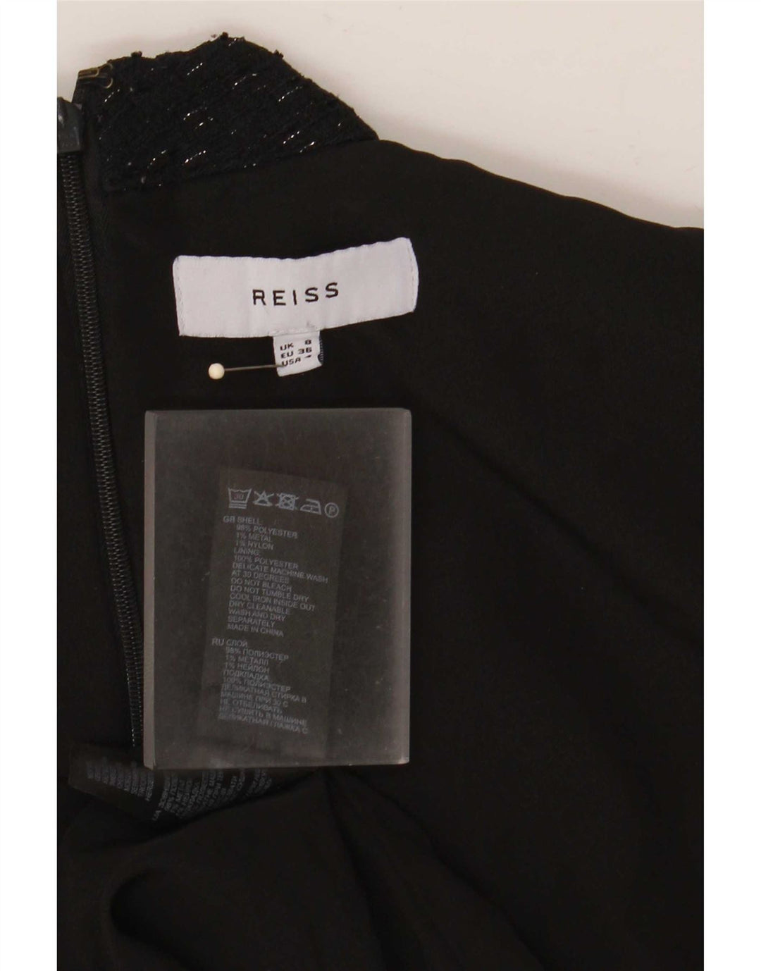 Vestido feminino Reiss A-Line UK 8 pequeno poliéster listrado preto