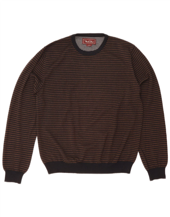 Suéter masculino Marlboro Classics com gola redonda, lã listrada marrom grande