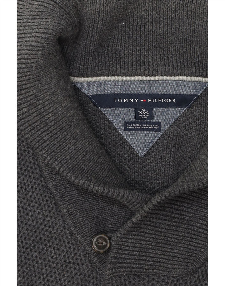 TOMMY HILFIGER Mens Shawl Neck Jumper Sweater XL Grey Cotton Vintage Tommy Hilfiger and Second-Hand Tommy Hilfiger from Messina Hembry 