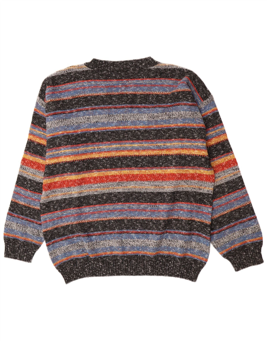 Suéter vintage masculino com decote em V grande acrílico listrado multicolorido