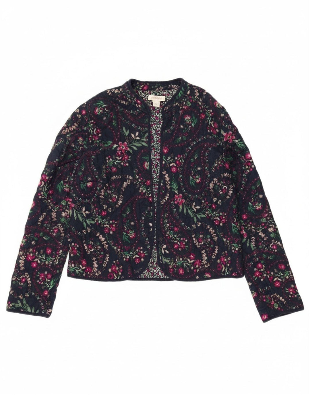 Jaqueta blazer aberta feminina Monsoon Reino Unido 12 algodão floral azul marinho médio