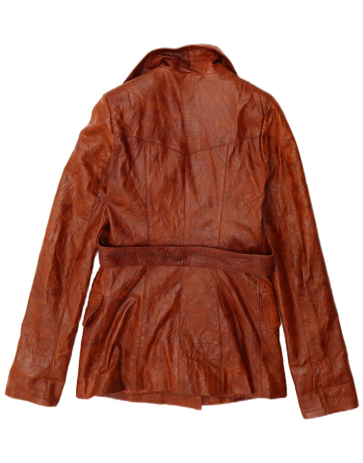 Jaqueta de couro vintage feminina com peito duplo Reino Unido 10 couro marrom pequeno