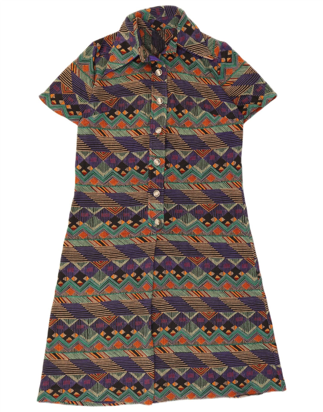 Vestido vintage feminino linha A UK 14 médio multicolorido geométrico