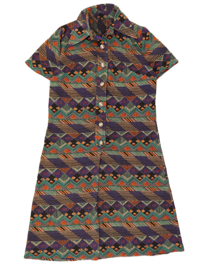 Vestido vintage feminino linha A UK 14 médio multicolorido geométrico