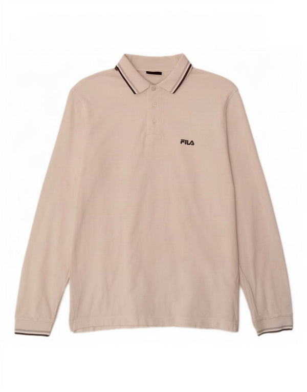 Camisa polo masculina Fila de manga comprida de algodão listrado branco médio