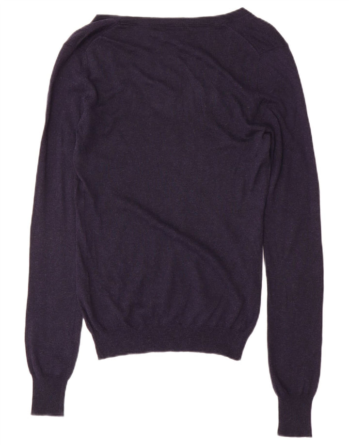 Suéter feminino Massimo Dutti com decote em V Reino Unido 12 seda azul marinho médio