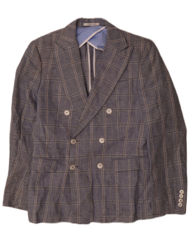 Jaqueta blazer masculina Zara com peito duplo EU 48 médio azul marinho xadrez algodão