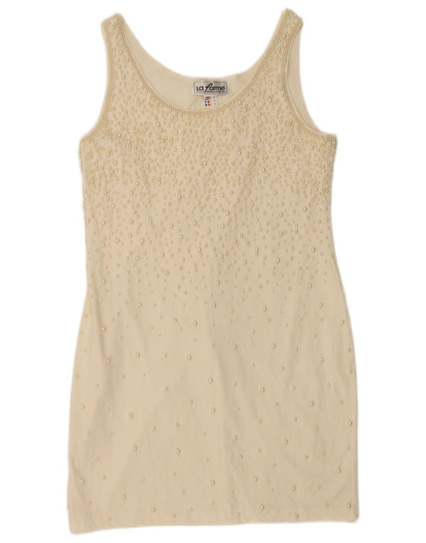 Vestido feminino vintage sem mangas com bainha UE 42 algodão bege grande