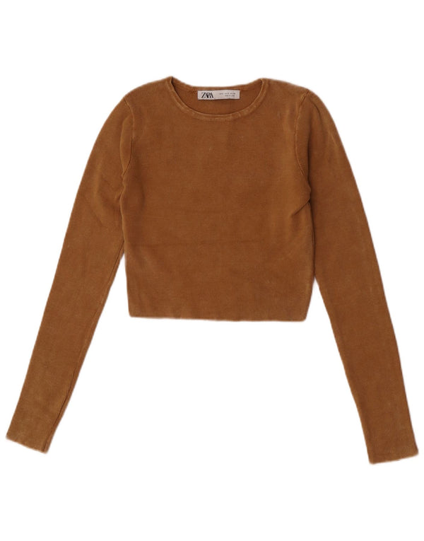 Zara Womens Crop Top Manga Longa Reino Unido 8 Pequeno Algodão Bege