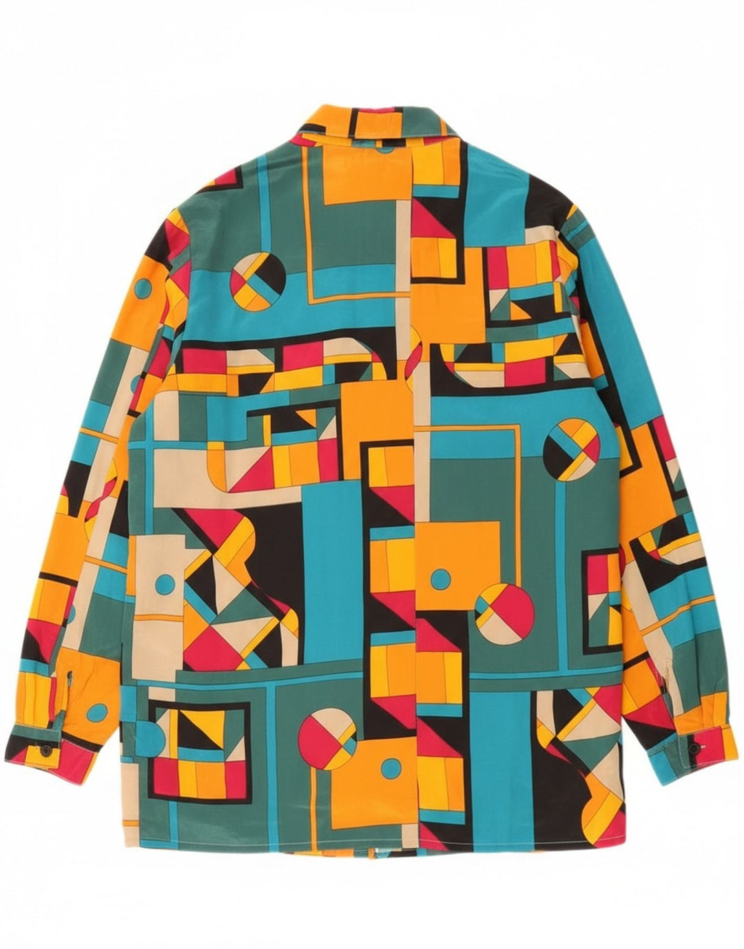 Blusa feminina vintage UK 14 grande geométrica multicolorida