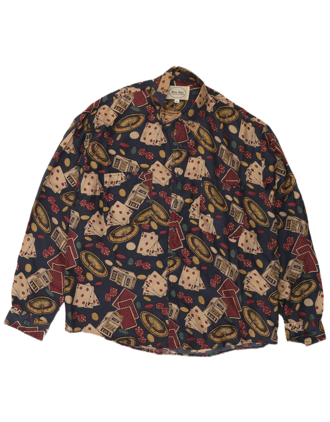 Camisa gráfica masculina vintage XL seda azul marinho