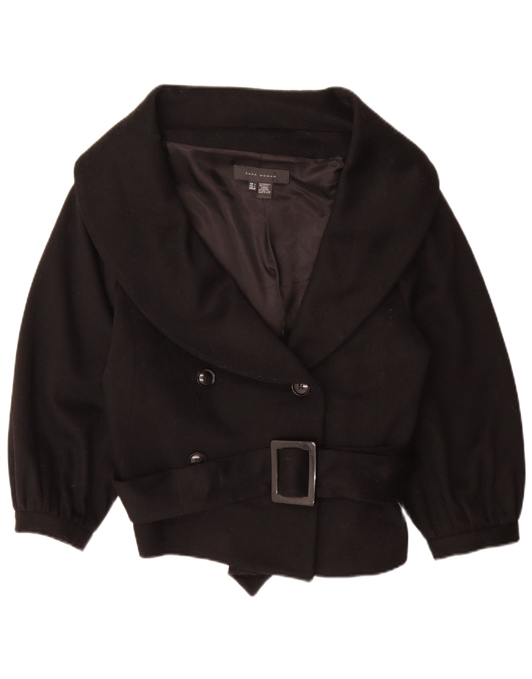 Jaqueta feminina Zara manga 3/4 com peito duplo Reino Unido 16 grande lã preta