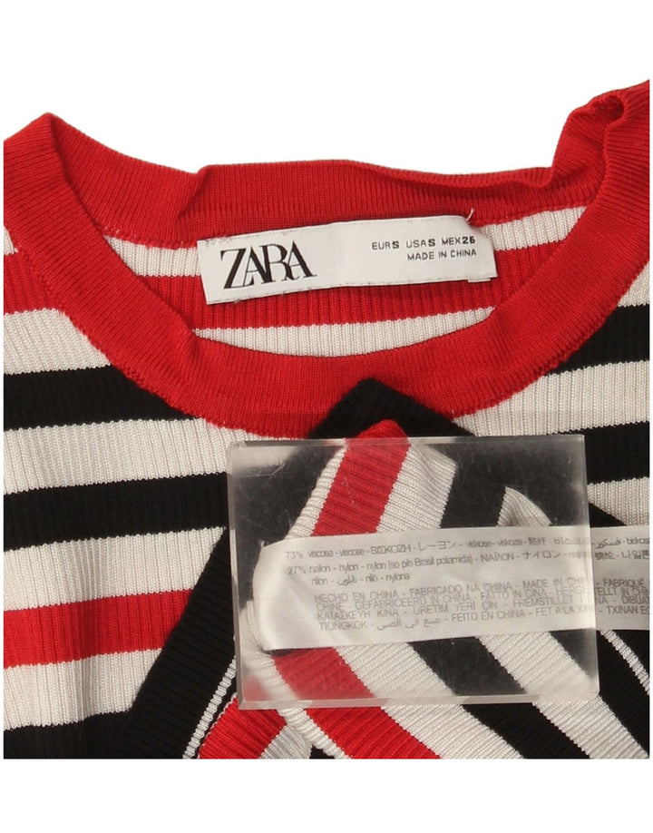 Zara Crop Top Feminino Manga Longa UK 8 Pequena Viscose Listrada Multicolorida