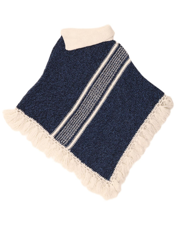 Poncho feminino vintage tamanho único lã listrada azul