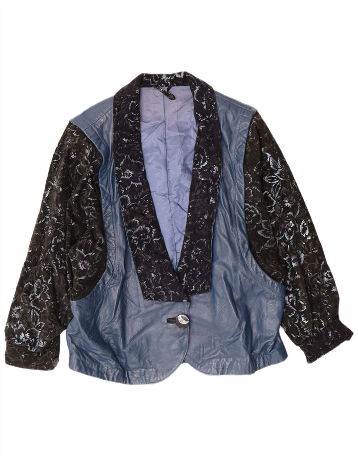 Jaqueta de couro feminina vintage Reino Unido 14 grande azul floral retrô
