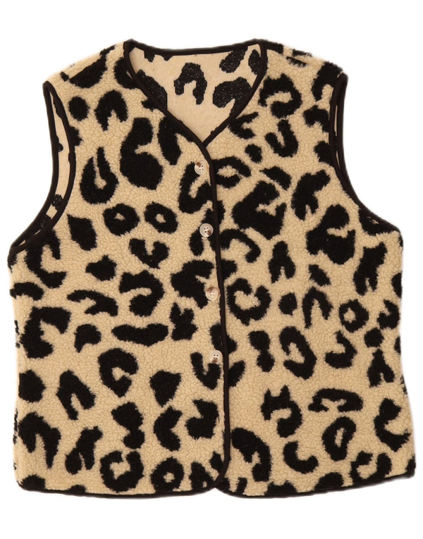 Gilet de lã feminino vintage UK 14 poliéster bege médio com estampa animal