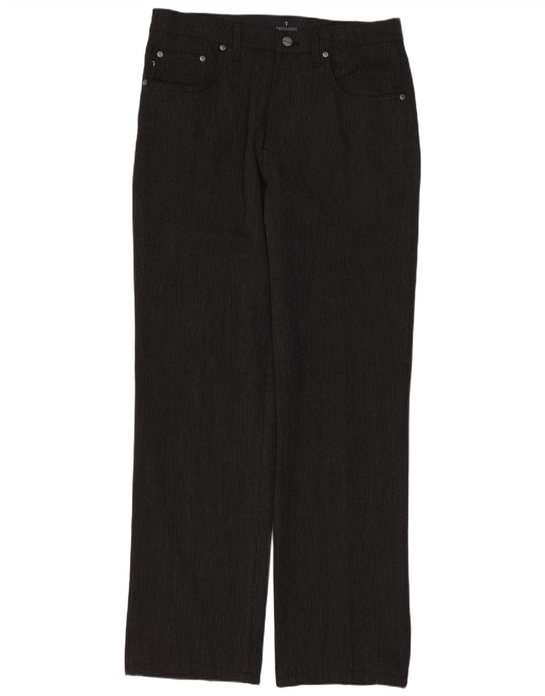 TRUSSARDI Calça masculina reta casual W33 L31 cinza risca de giz poliéster