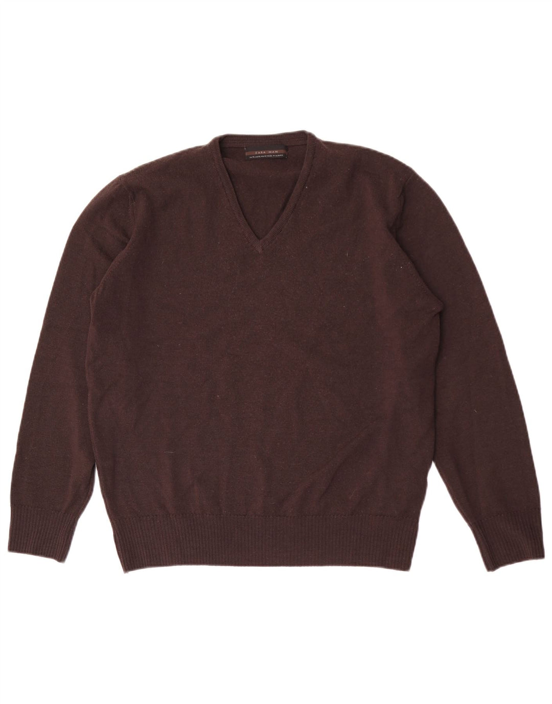 Zara Suéter masculino com decote em V XL lã marrom