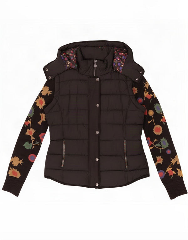 Jaqueta feminina acolchoada com capuz Desigual UE 42 grande algodão floral preto