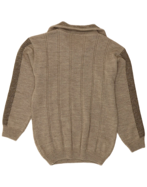 Suéter masculino vintage com decote em zíper UK 38 poliacrílico manchado cáqui médio
