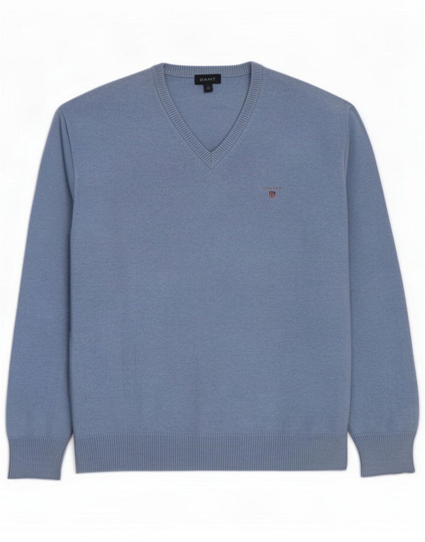 Gant Mens V-Neck Jumper Sweater XL Blue Cotton