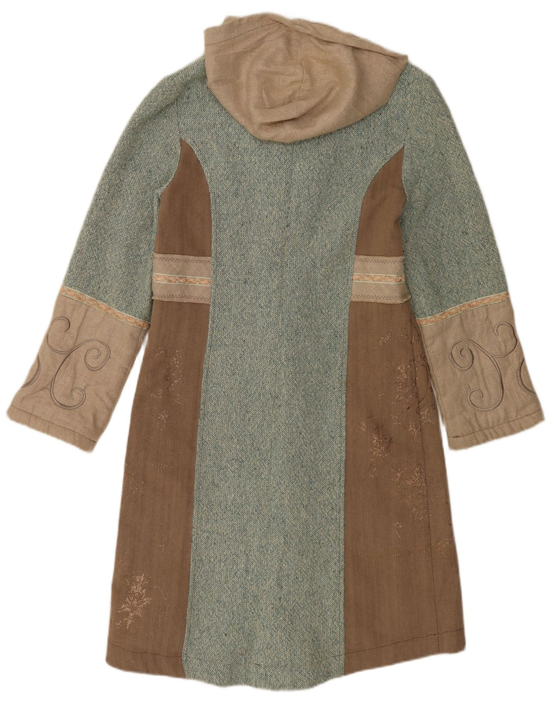 Sobretudo feminino vintage com capuz UK 10 pequeno bloco colorido marrom