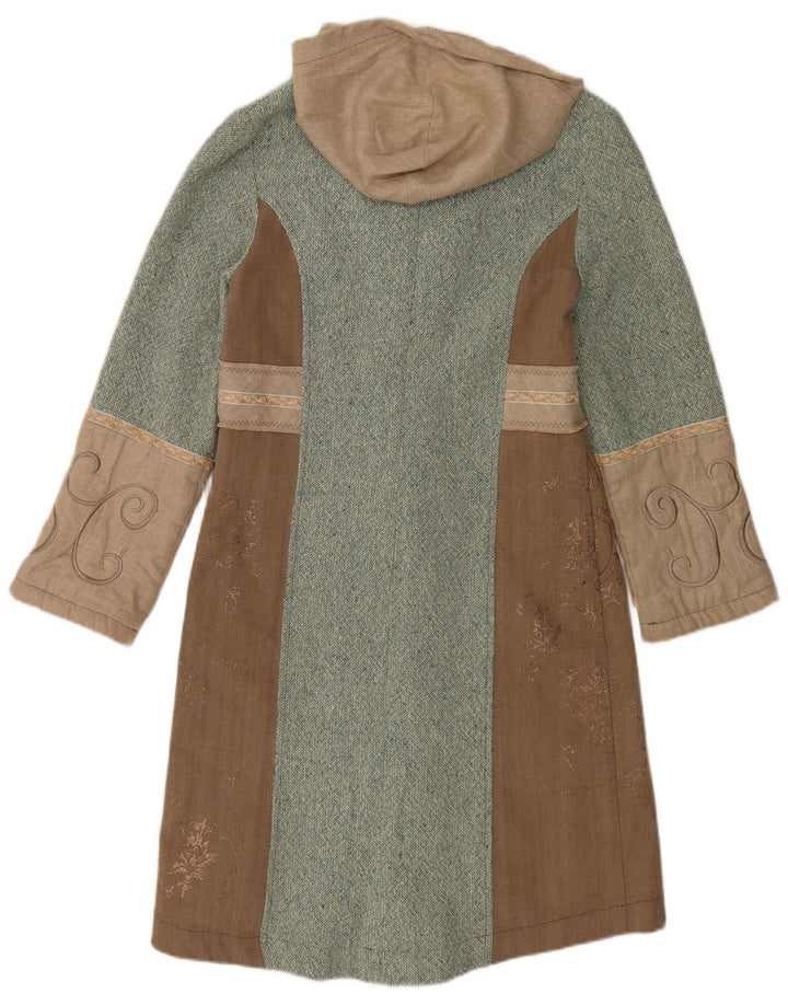 Sobretudo feminino vintage com capuz UK 10 pequeno bloco colorido marrom