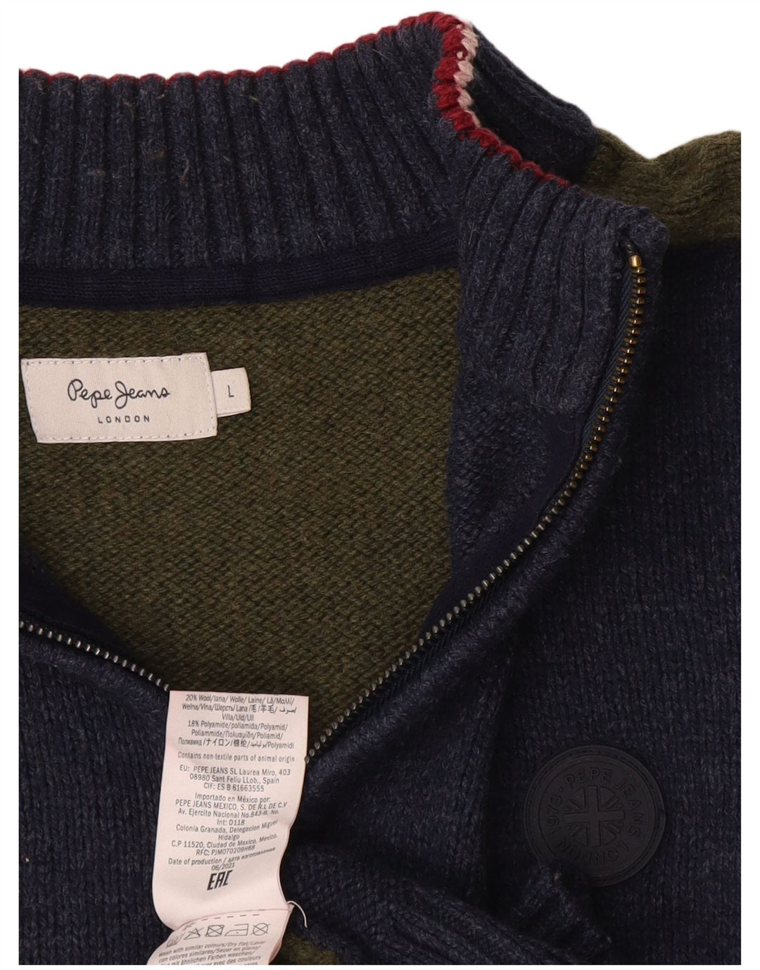 Suéter masculino PEPE Jeans com zíper e gola grande, azul marinho, lã colorblock