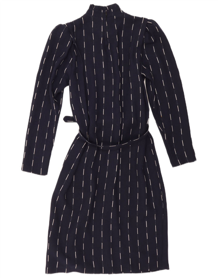 Vestido básico feminino vintage de manga comprida UK 12 listrado azul marinho médio