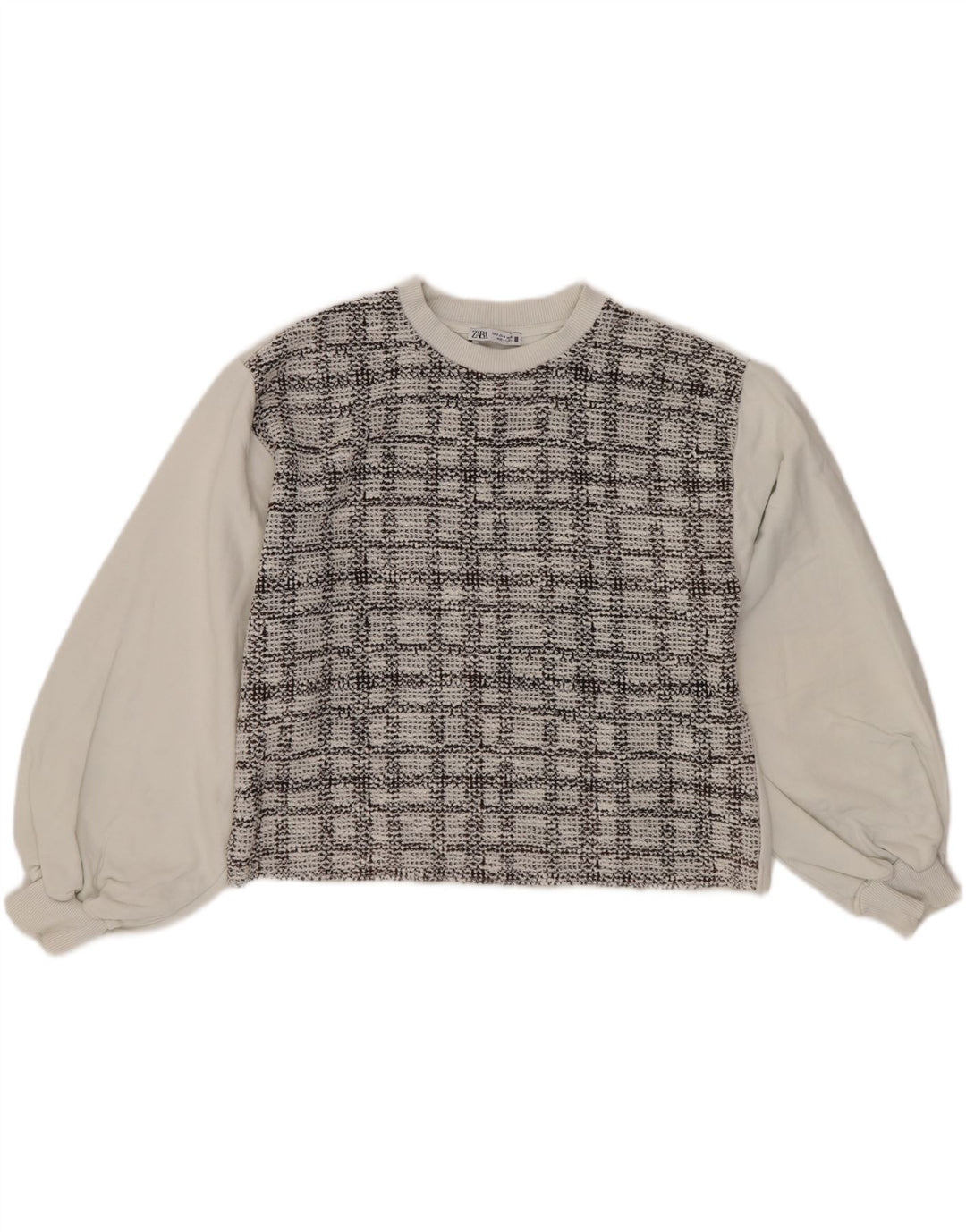 Zara Womens Crop Oversized Moletom Jumper Reino Unido 10 Pequeno Algodão Xadrez Branco