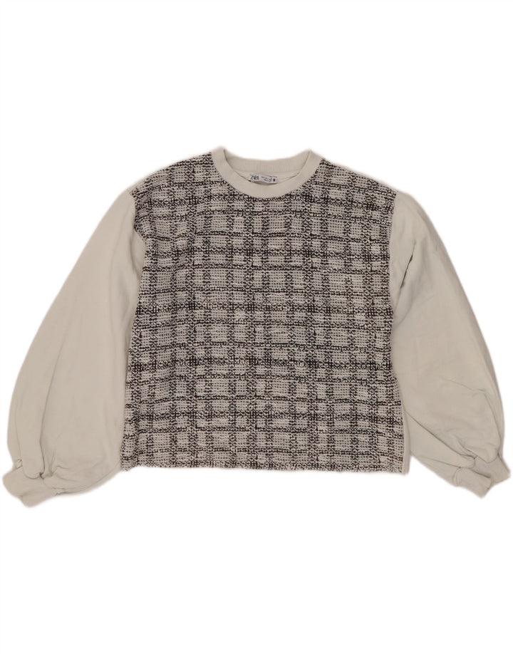 Zara Womens Crop Oversized Moletom Jumper Reino Unido 10 Pequeno Algodão Xadrez Branco