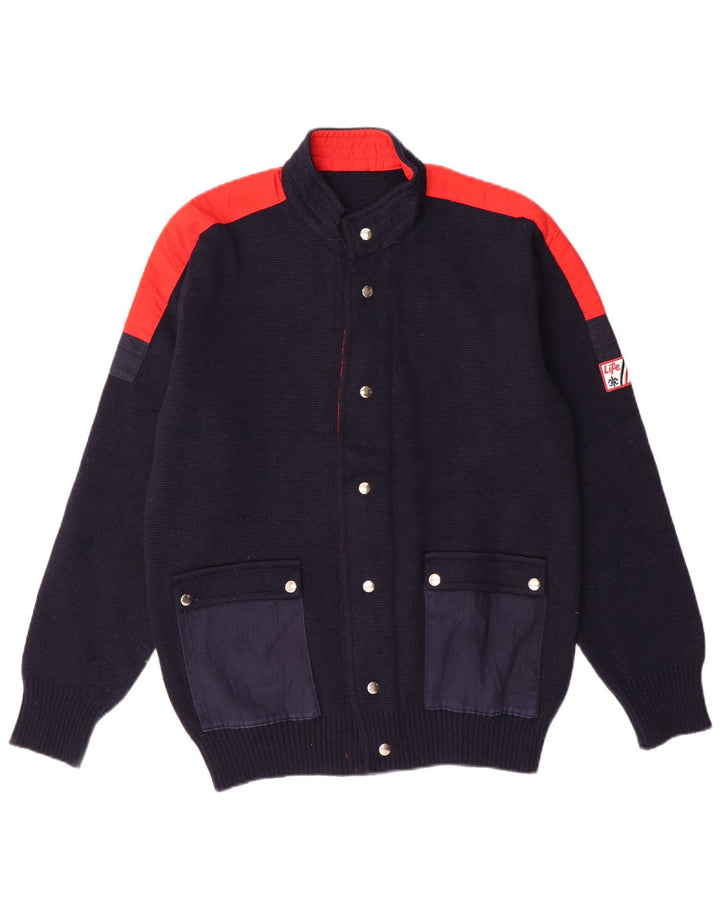 Suéter cardigã masculino vintage IT 50 lã colorblock azul marinho médio