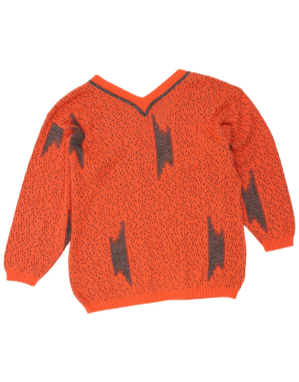 Suéter feminino vintage com decote em V Reino Unido 16 grande laranja manchado