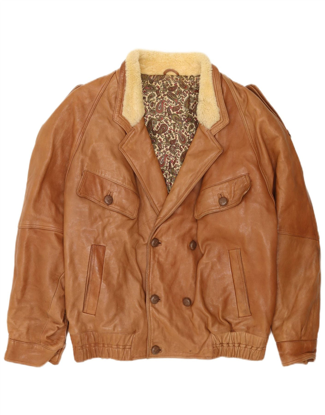 Jaqueta vintage masculina militar com peito duplo Reino Unido 40 couro bege grande