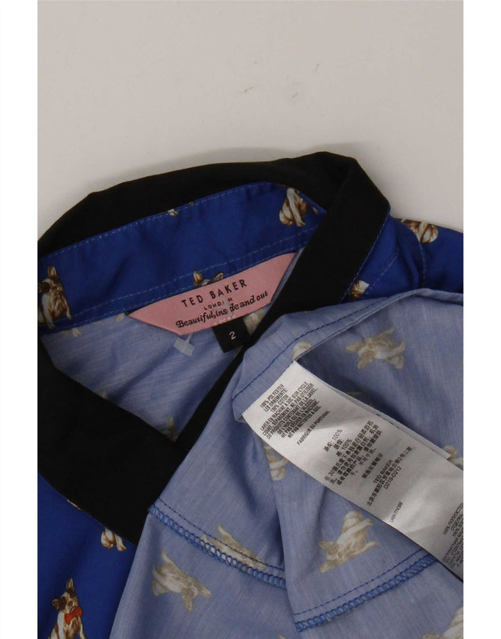Camisa feminina Ted Baker tamanho 2 poliéster azul pequeno com estampa animal