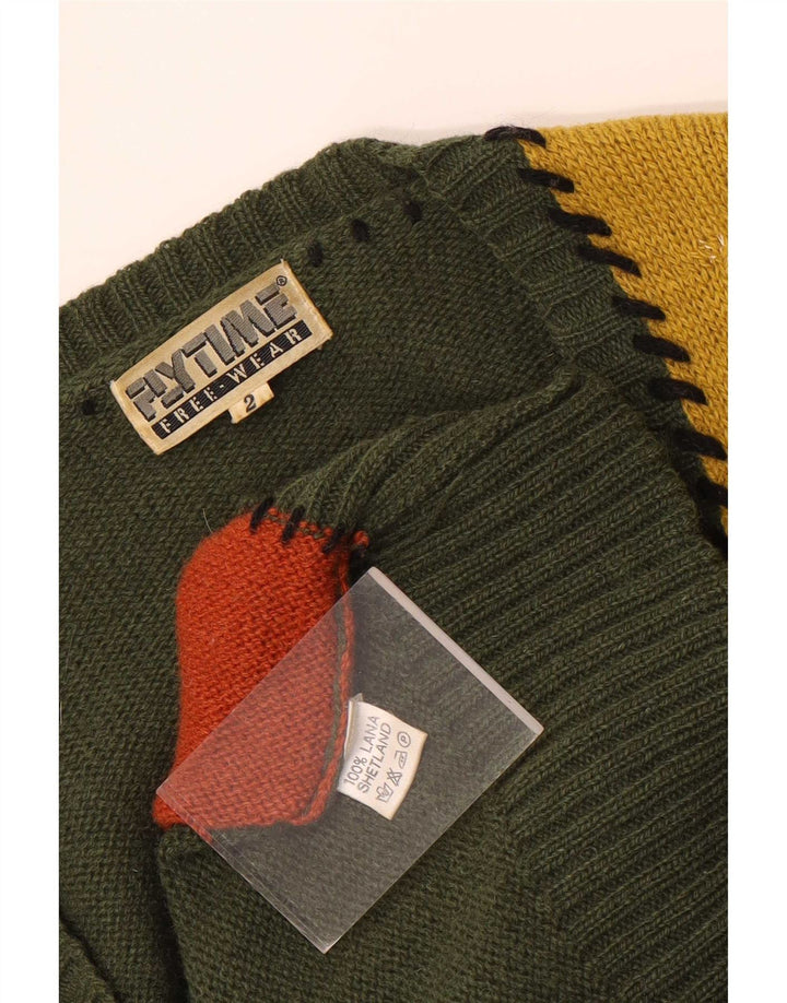 Suéter cardigã gráfico feminino vintage Reino Unido 16 grande lã verde patchwork