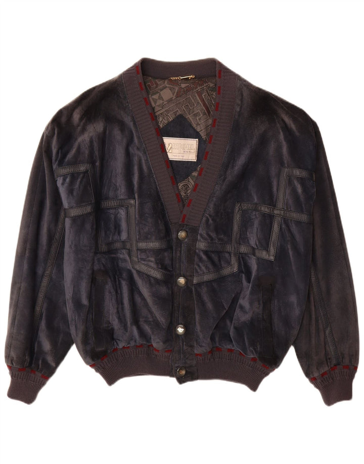 Michel Jaqueta bomber masculina de camurça IT 52 XL couro azul marinho